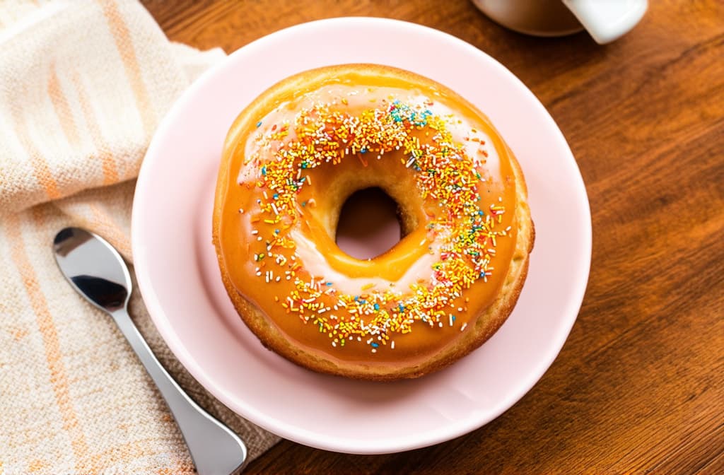  donuts in colored glaze lie next to a cup of coffee 2/3 free space ar 3:2 {prompt}, maximum details