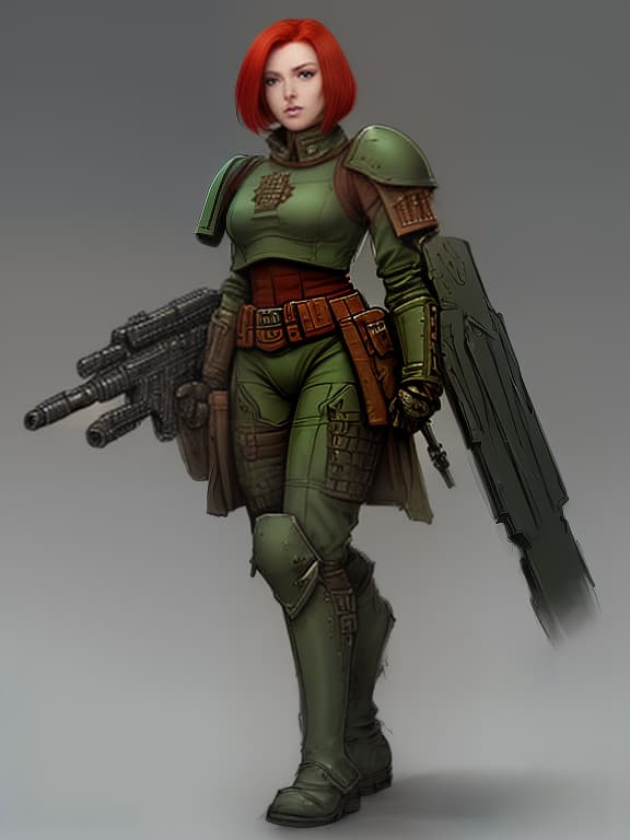  a , an imperial guard soldier from warhammer 40,000. she has short, red hair and green eyes