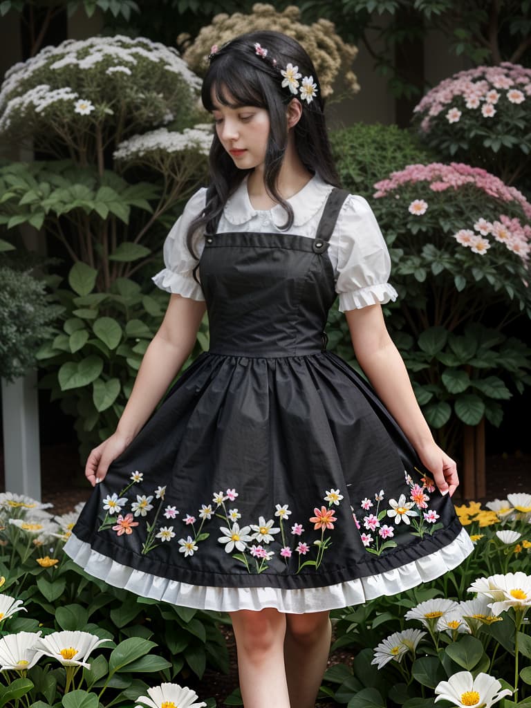  girls, maid clothes, neat, black hair, medium, flower garden, small birds, cute, short sleeves, masterpiece, best quality,8k,ultra detailed,high resolution,an extremely delicate and beautiful,hyper detail