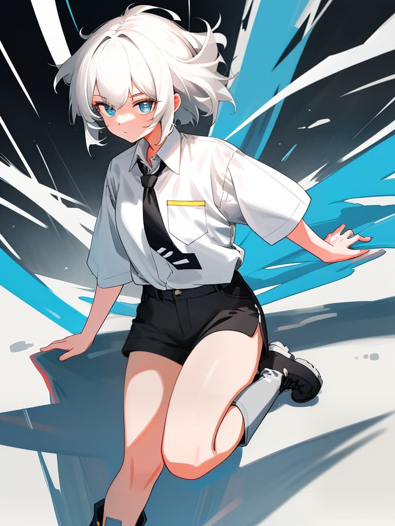  boyish girl, white shirt, tie, boots, black shorts, masterpiece, best quality,8k,ultra detailed,high resolution,an extremely delicate and beautiful,hyper detail