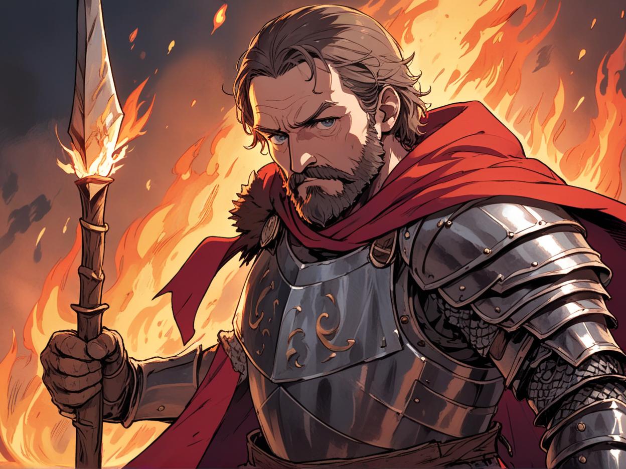  manga artwork a ragged middle aged stern male knight with a rugged beard standing in front of a fire while wielding a spear, wearing a red cape. manga artist. manga, highly emotional. best quality, high resolution