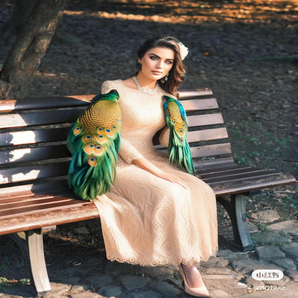  a peacock is sitting on a bench hyperrealistic, full body, detailed clothing, highly detailed, cinematic lighting, stunningly beautiful, intricate, sharp focus, f/1. 8, 85mm, (centered image composition), (professionally color graded), ((bright soft diffused light)), volumetric fog, trending on instagram, trending on tumblr, HDR 4K, 8K