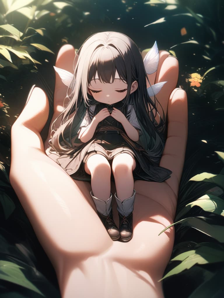  in the forest, sitting on your hands, girls, fairies, wings, small girls sleeping on the palm, sitting on a few centimeters, masterpiece, best quality,8k,ultra detailed,high resolution,an extremely delicate and beautiful,hyper detail