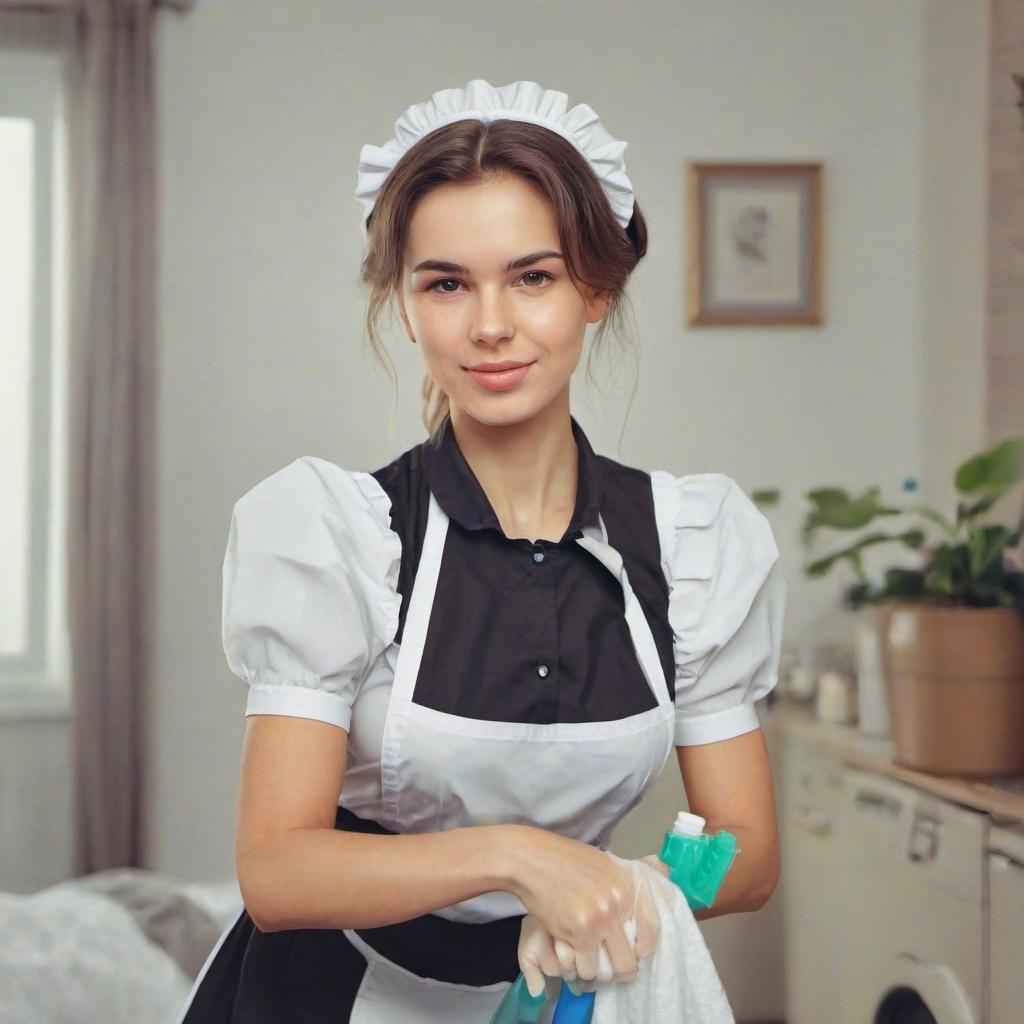  i'll draw a picture of a beautiful woman in the form of a maid for a cleaning company, film photography style