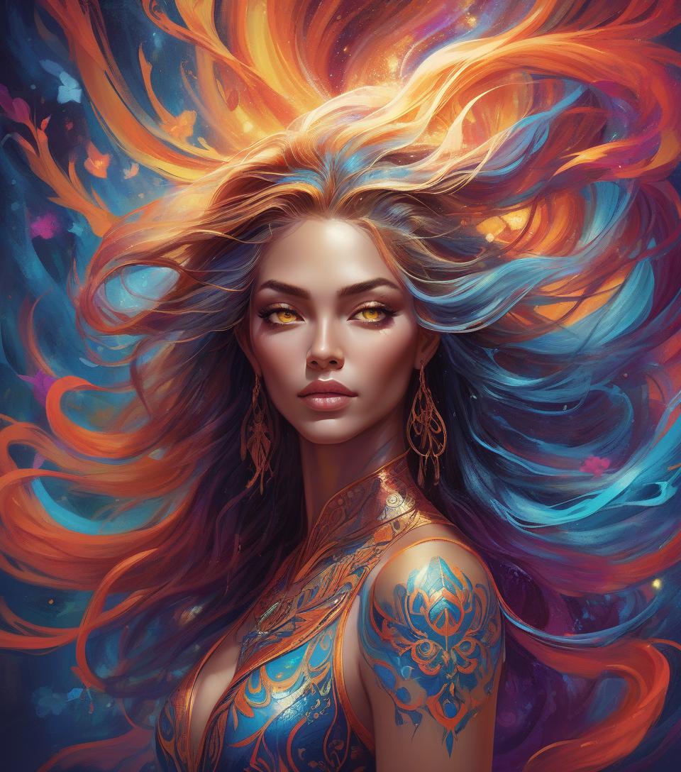  <mymodel>detailed digital painting of a powerful woman, vibrant colors, magical fantasy setting, flowing hair with intricate details, intense and confident expression, ethereal and mystical atmosphere, high quality, digital painting, fantasy, vibrant colors, flowing hair, powerful, confident, mystical, atmospheric lighting