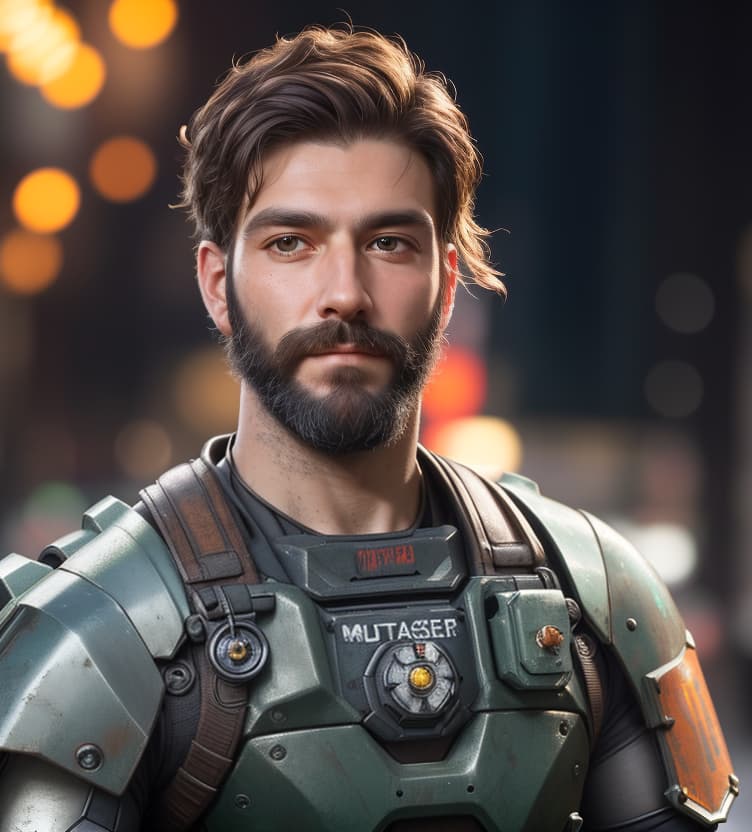  masterpiece, best quality, close up portrait photo of muscular bearded guy in a worn mech suit, ((light bokeh)), intricate, (steel metal [rust]), elegant, sharp focus, photo by greg rutkowski, soft lighting, vibrant colors, masterpiece, ((streets)), detailed face