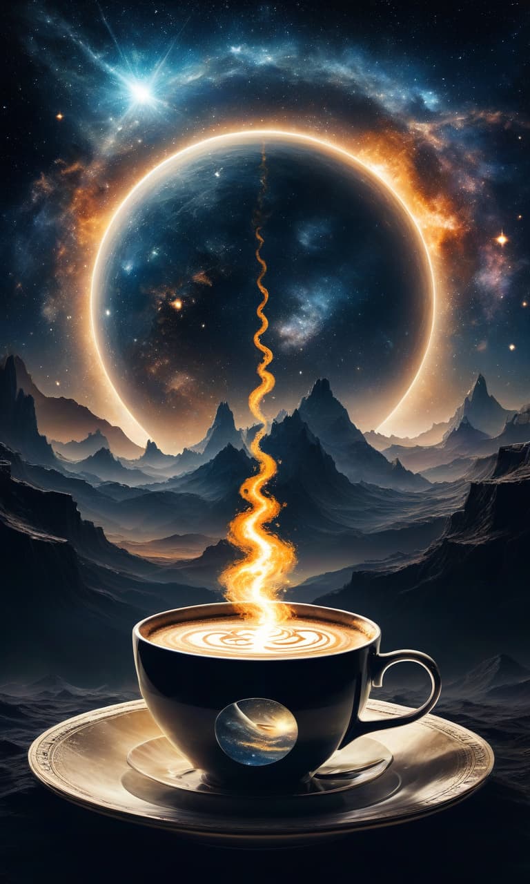  space themed (digital image) with (double exposure:1.5). highly detailed image with double exposure and texture layering. distant background. ((cup of coffee)). executed in watercolor technique. the outline of the cup dissolves into the black background. multilayered painting. depiction of an egyptian landscape inside a cup. surrealism, fantasy. stylistics: neorococo, fantasy abstraction, surrealism, mysticism. in the manner of andrew jones, fragonard, jacek jerka, mark keatley, james christensen. high quality. . cosmic, celestial, stars, galaxies, nebulas, planets, science fiction, highly detailed