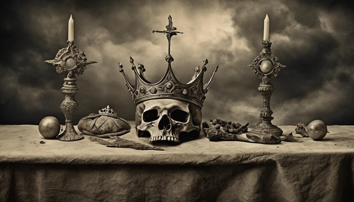  on parchment, surrealism++, shattered scepters and crowns lying on an altar, dark clouds looming, fallen authority, dramatic, foreboding(mysterious, provocative, symbolic)++