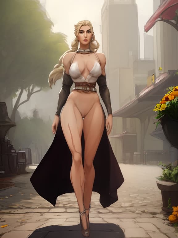  nude tall blonde, full height, athletic body, long legs, big high breasts, narrow hips, standing on the sidewalk, in the park, flowers, sexy pose, long braid to the ground, white hair, shining skin, leather belt, big eyes, Arcane Style, Borderlands style, Telltale Games style, Oil painting, Simple colors, low detail, Vivid colors, Defined lines, defined edges, Digital art, Cartoon look, Cartoon style, Sharp shadows, Dark hyperrealistic, full body, detailed clothing, highly detailed, cinematic lighting, stunningly beautiful, intricate, sharp focus, f/1. 8, 85mm, (centered image composition), (professionally color graded), ((bright soft diffused light)), volumetric fog, trending on instagram, trending on tumblr, HDR 4K, 8K