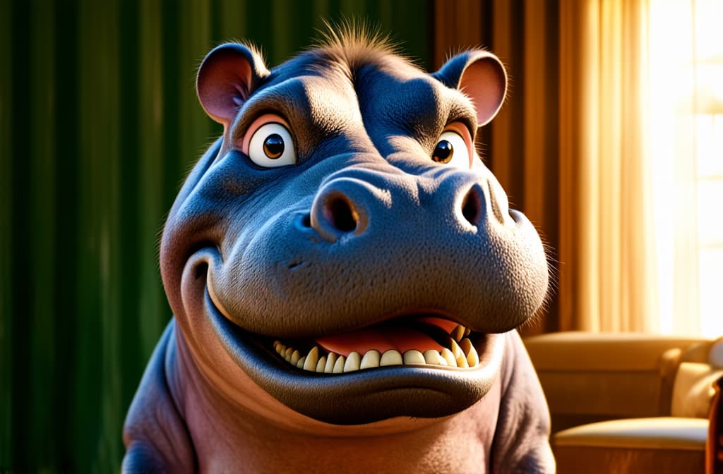  cinematic film style, caricature very big toothy wide smile of smiling hippopotamus, hippopotamus with white smile looking at camera ar 3:2, shallow depth of field, vignette, maximum details, high budget hollywood movie, bokeh, cinemascope, moody, epic, gorgeous, sun rays and shadows on furniture and surfaces, flattering light, raw photo, photography, photorealistic, 8k resolution, f1.4, sharpened focus, sharp focus