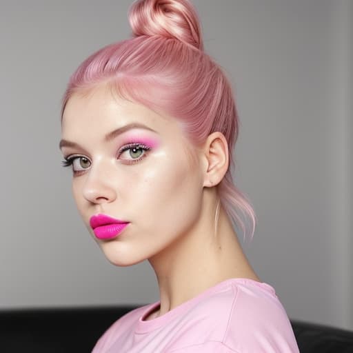  (--Style Photoralism, 16k) a close up of a woman with a pink shirt and a pink hair, pink shirt, pink lipstick, light pink lipstick, 🤬 🤮 💕 🎀, hair bun, ager , hyperrealistic , wearing a t-shirt, , beautiful makeup, hair tied in a bun, hair in a bun, updo, pink lips