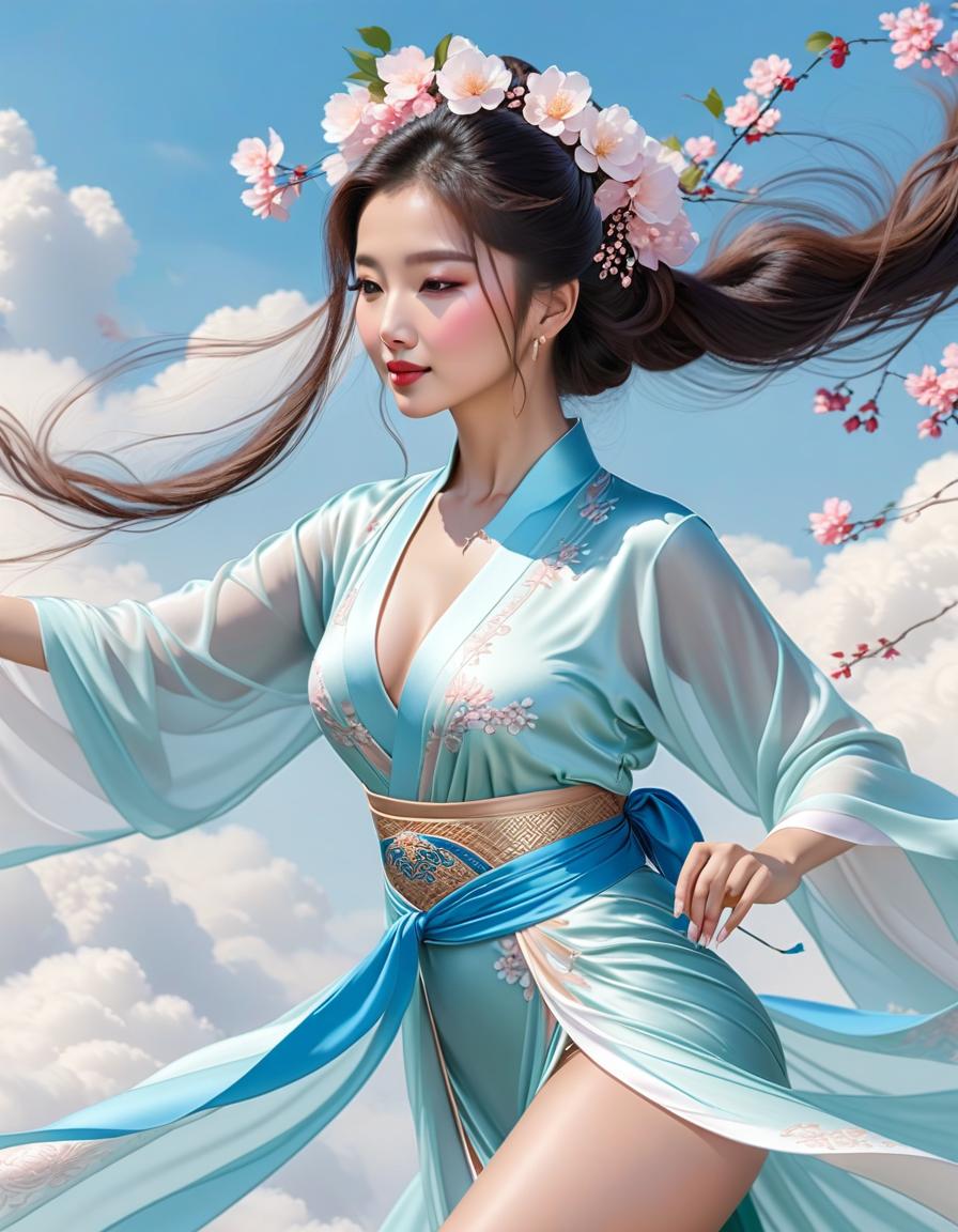  chinese lola in a light silk daxuchan, elegantly dances like grace on clouds, <lora:add detail xl:0.9>, aesthetics of femininity and beauty,