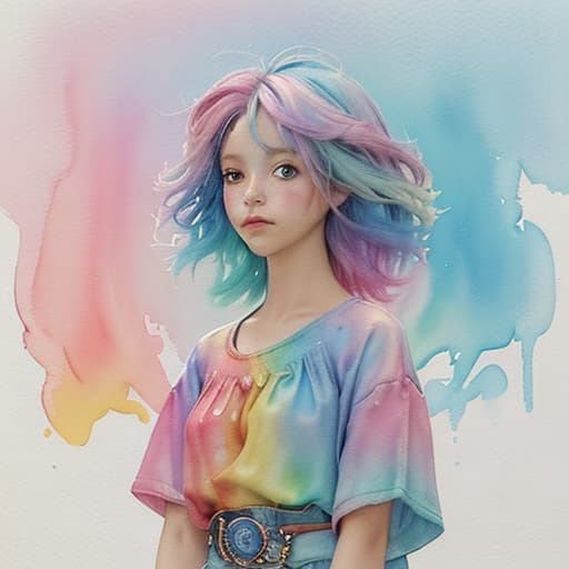  best quality,(masterpiece:1.3),ultra detailed,1girl,abstract watercolor painting of a little girl,(cowboy shot),scales,rainbow colors :1,colorful hair,blue and pink tone colors,abstract watercolor painting of cartoon clouds with emoji,rainbow colors,gradien