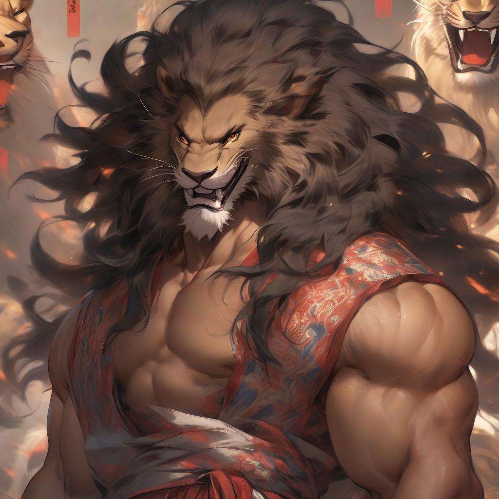  young european male, with long black hair like mane, brown eyes, muscular, big muscles, bare torso, wearing ancient chinese traditional clothes, grinning, behind him is a big spirit of a great black lion. fantasy style.