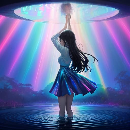  a that is standing in the rain, dreamy psychedelic anime, iridescent gl, drowning, 2 0 1 9 anime, divine ray over her head, shining black hair, emotional release, blue wall, your name, dramatic ligthting, iridescent, pouring