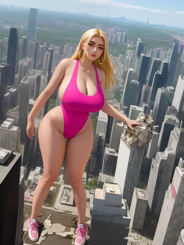  masterpiece, best quality, a giantess with arched eyebrows and a smirk, wearing a pink solid color one piece with high cut legs and side , stands among the destruction of a city. her huge s and wide hips contrast with her sneakers, hoop earrings, and long blonde hair. the cracks on the ground emphasize her mive size as she looks with her blue eyes down at the crushed buildings below. the aerial view captures the full body of the in 8k resolution, creating a best quality masterpiece of destruction and power. (photography, dramatic lighting, high resolution camera settings)