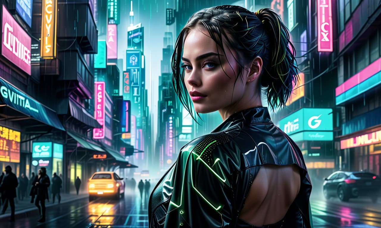  (masterpiece, digital art: 1.3), a very complex double exposure drawing inspired by yuumei, superimposed on a busy city street, cyberpunk aesthetics, cgsociety trend, multiple exposure technique, texture overlay with luminous holographic elements, technicolor color palette,((margot robbie)) the bright city lights illuminating the scene are reminiscent of the color scheme of the film "the matrix" on pinterest, high definition images, colorful fairy tale atmosphere, carefully crafted details in digital art, futuristic and vivid, exciting visual storytelling., civitai, glowneon