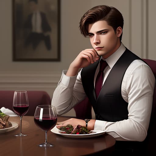  a young man in a business suit in the living room sits at the dinner table, a glass of red wine on the table, iron handcuffs lying on the table