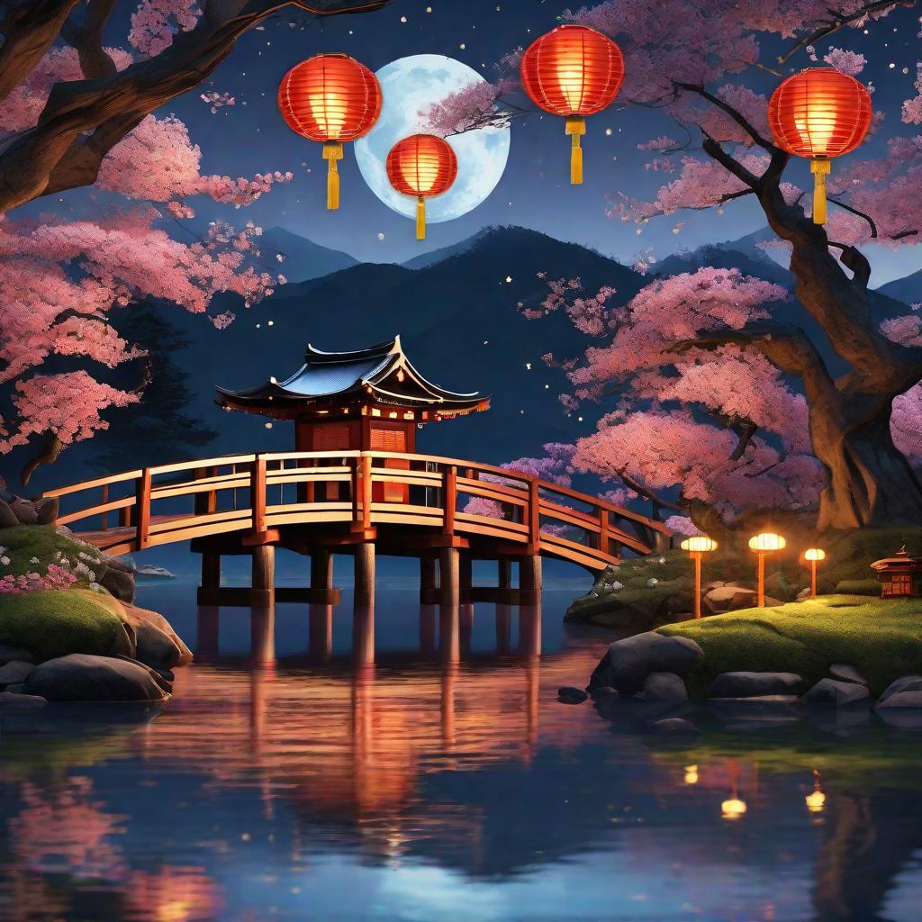  masterpiece, best quality, (Fidelity: 1.4), Best Quality, Masterpiece, Ultra High Resolution, 8k resolution, A night view inspired by Japanese art, featuring a garden illuminated by paper lanterns and a wooden bridge spanning a tranquil lake, by the lakeside, there is a small Zen temple. The water reflects the starry sky.