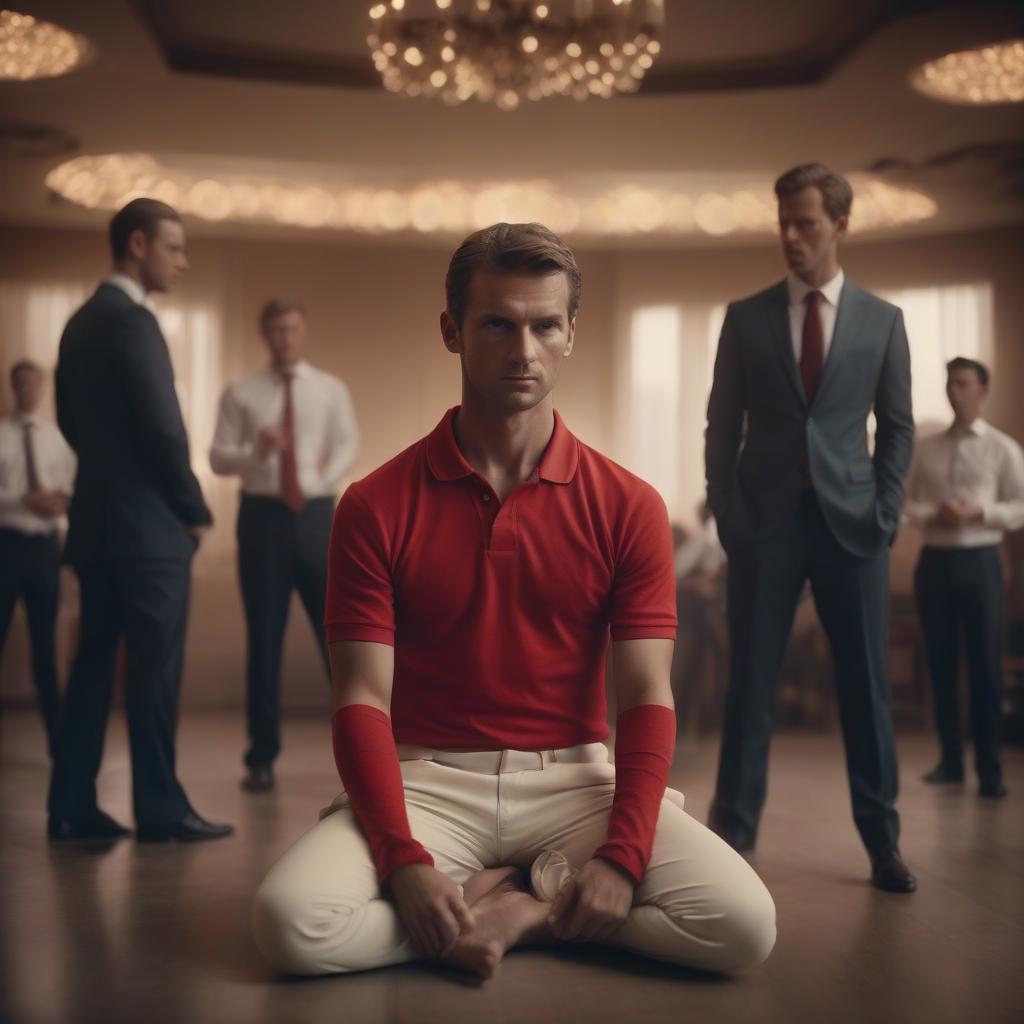  cinematic film still a man in polo, red polo, a fire on his head, sitting in a lotus position, close up, people in business suits dancing in the background . shallow depth of field, vignette, highly detailed, high budget, bokeh, cinemascope, moody, epic, gorgeous, film grain, grainy