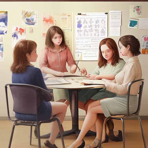  illustration, central element: five girls in a chair discussing a problem, poster, watercolor drawing,