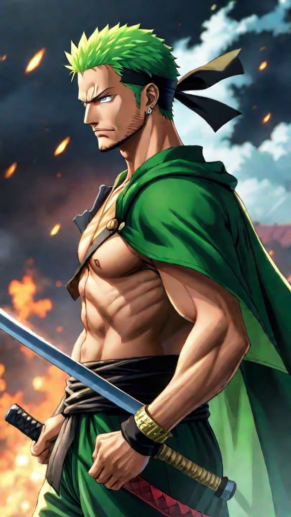  an anime art of zoro from one piece conquering his directional curse with determination and focus. hyperrealistic, full body, detailed clothing, highly detailed, cinematic lighting, stunningly beautiful, intricate, sharp focus, f/1. 8, 85mm, (centered image composition), (professionally color graded), ((bright soft diffused light)), volumetric fog, trending on instagram, trending on tumblr, HDR 4K, 8K