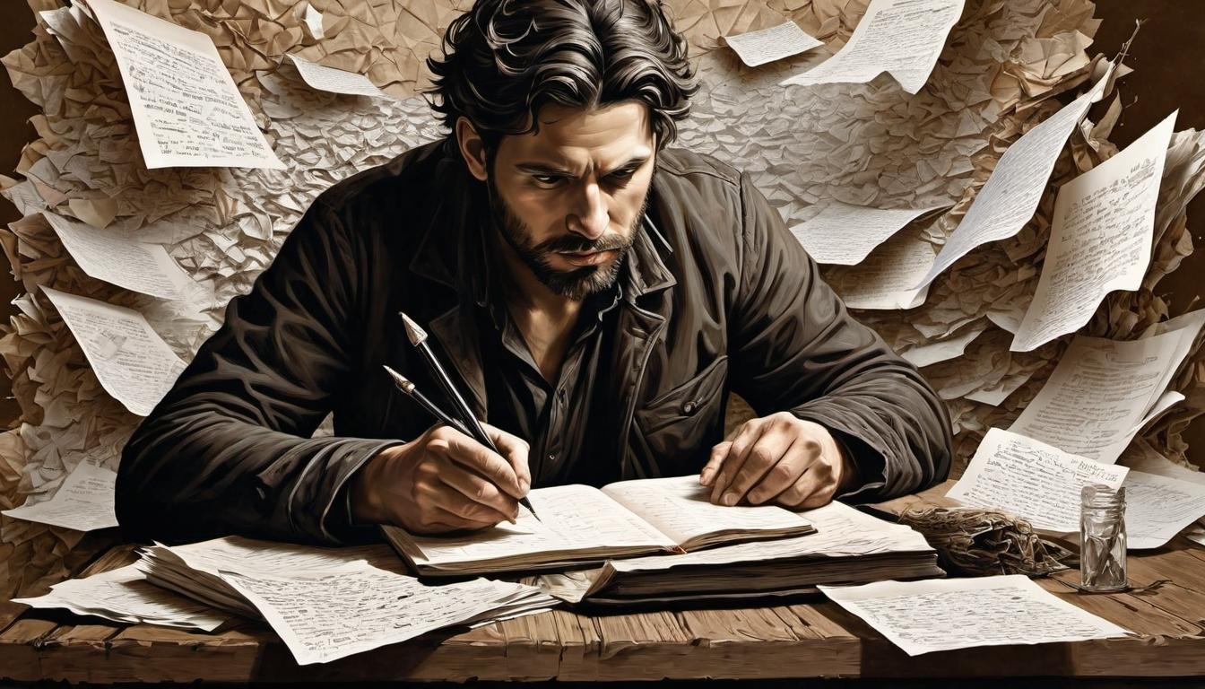  （surrealism)a person writing furiously in a notebook, surrounded by crumpled papers, determined, persistent mystic, intricate details, best quality)