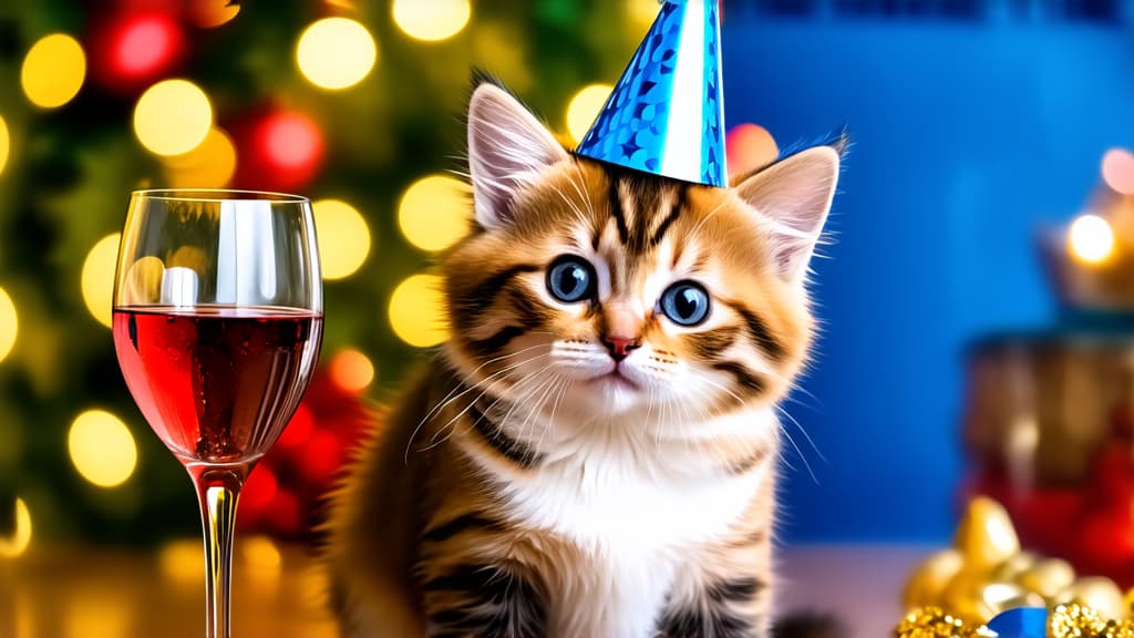  a kitten wearing a party hat sitting next to a glass of wine, a portrait, bokeh photography, wallpaper wearing a paper crown,, beautiful, background image ar 16:9 {prompt}, maximum details