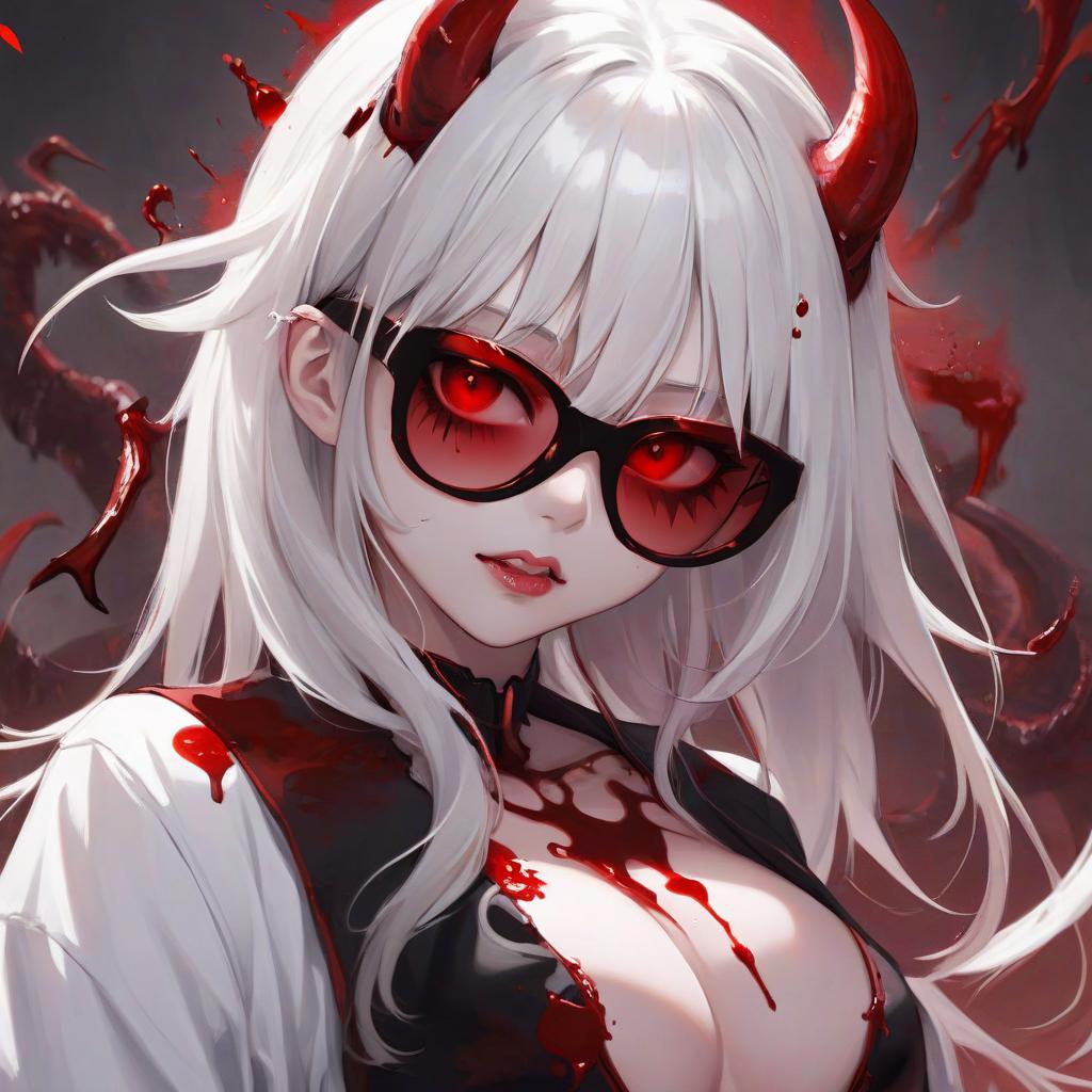  demon girl, white hair, asian, red shades, only face, blood on the face