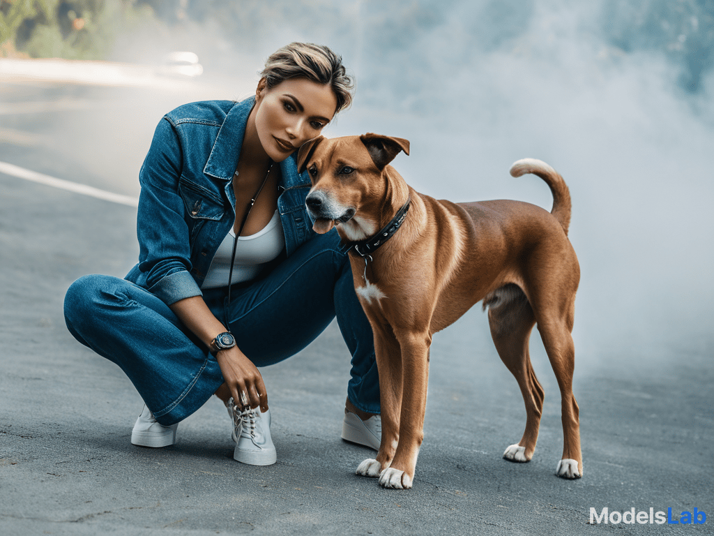  keep the dog and person but make the background a sunny summer day in la hyperrealistic, full body, detailed clothing, highly detailed, cinematic lighting, stunningly beautiful, intricate, sharp focus, f/1. 8, 85mm, (centered image composition), (professionally color graded), ((bright soft diffused light)), volumetric fog, trending on instagram, trending on tumblr, HDR 4K, 8K