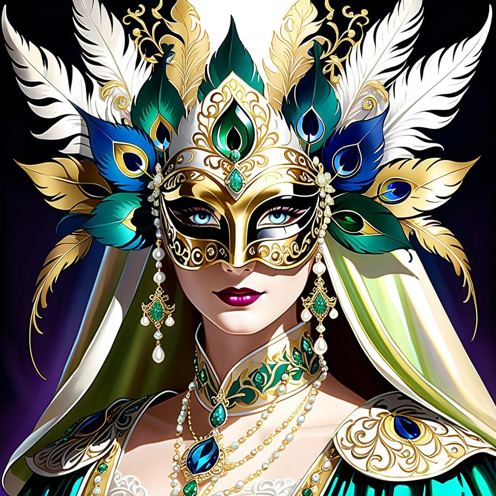  dreamscape (background):black silk cloak, topazes, rubies, emeralds, gold candlestick with white gold flame. ((the eye slits reflect the contours of the palaces and canals of venice1,9)). ((half mask columbine) a mask covering only part of the face. silver mask:with gold patterned ornamentation. colours:light green, blue, pearl cream, peacock feathers, gold and silver beads, gold leaf, gemstones, venetian lace, rhinestones, beads. (style):fantasy, renaissance, dream, mystery, mystery, dream, italy, venice, barcarolle, minestrel. . surreal, ethereal, dreamy, mysterious, fantasy, highly detailed