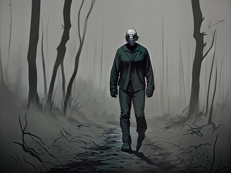  jason voorhees is walking through the woods, slate atmosphere, cinematic, dimmed colors, dark shot, muted colors, film grainy, lut, spooky