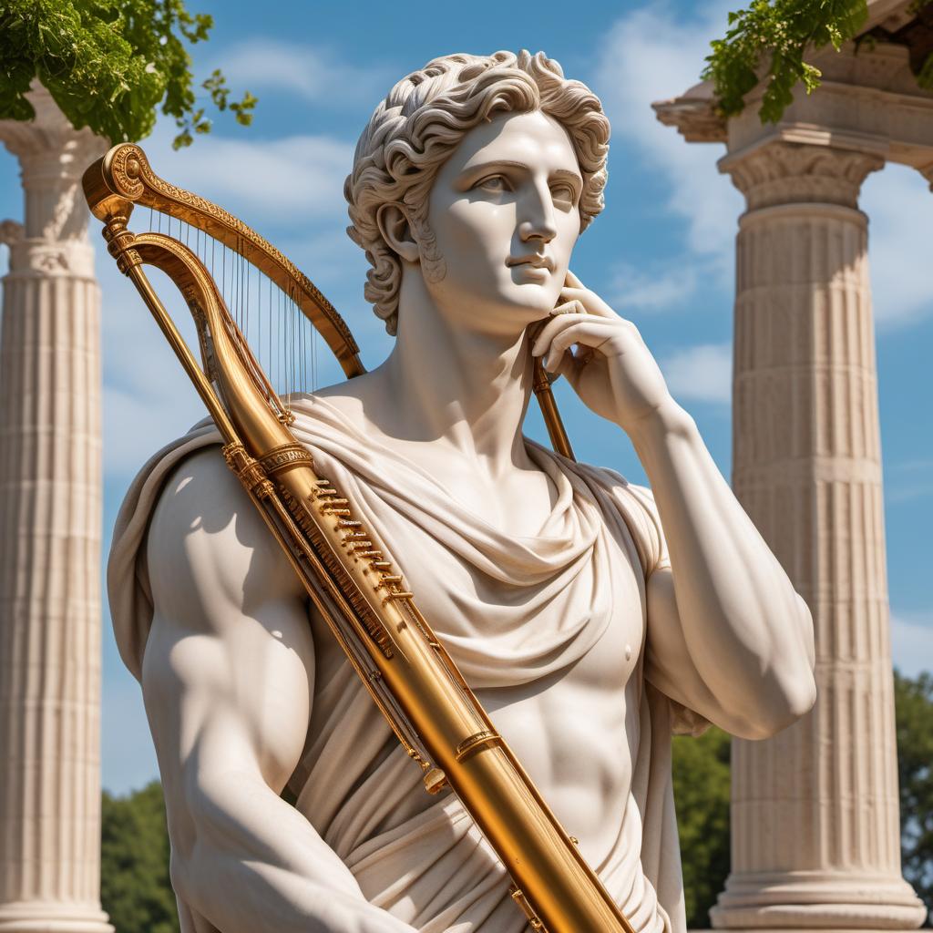  Apollo with his muses. Apollo is depicted as a handsome, youthful figure playing a lyre, surrounded by his nine muses. The scene should embody classical Greek aesthetics, with flowing robes, an idyllic natural setting, and a sense of artistic inspiration and harmony. The background could feature elements like marble columns, lush greenery, and a serene sky. hyperrealistic, full body, detailed clothing, highly detailed, cinematic lighting, stunningly beautiful, intricate, sharp focus, f/1. 8, 85mm, (centered image composition), (professionally color graded), ((bright soft diffused light)), volumetric fog, trending on instagram, trending on tumblr, HDR 4K, 8K