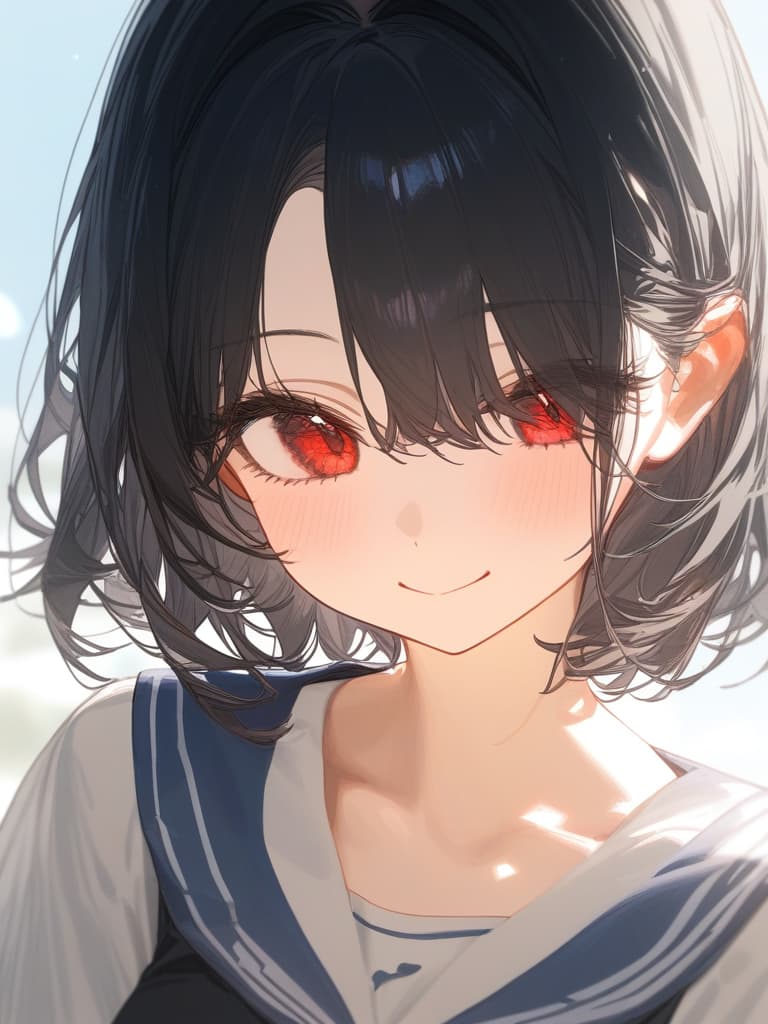  girl, thin body, black hair, short bob, red eyes, young face, hide one eye, sailor suit, smile, masterpiece, best quality,8k,ultra detailed,high resolution,an extremely delicate and beautiful,hyper detail