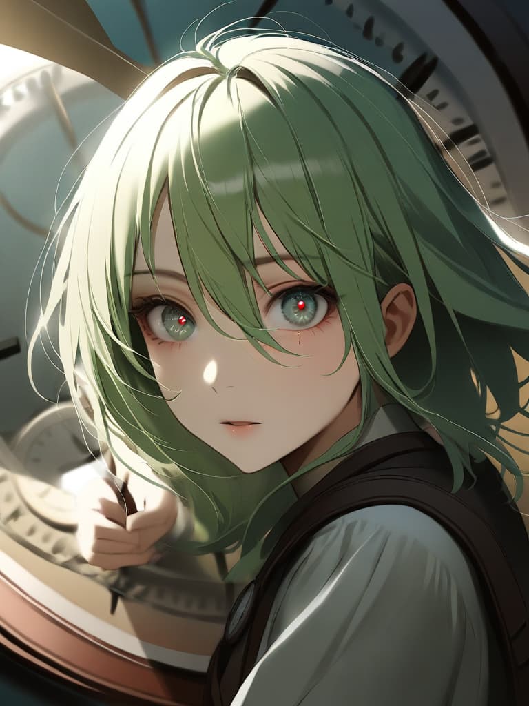  1girl,green hair,(((the clock is my eye:1.8))),(((in your eyes the clock is ticking:1.8))),realistic