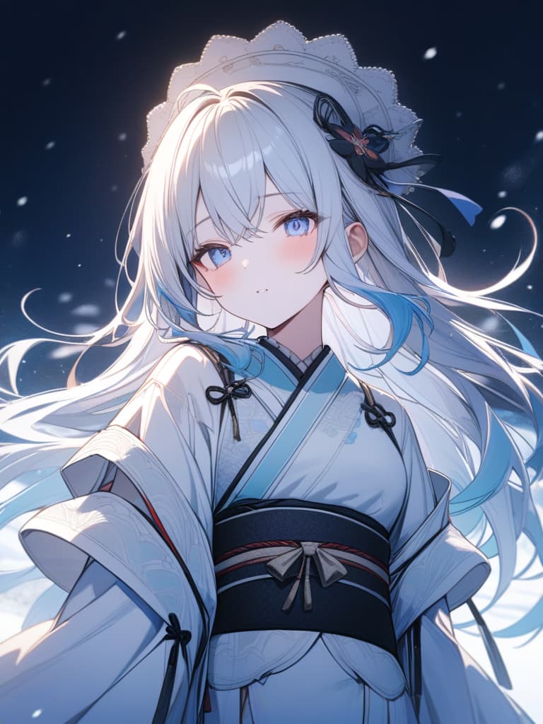  girls, white skin, frills, white hair, long hair, light blue gradation hair color, light blue eyes, headdress, kimono, short length, snow, masterpiece, best quality,8k,ultra detailed,high resolution,an extremely delicate and beautiful,hyper detail