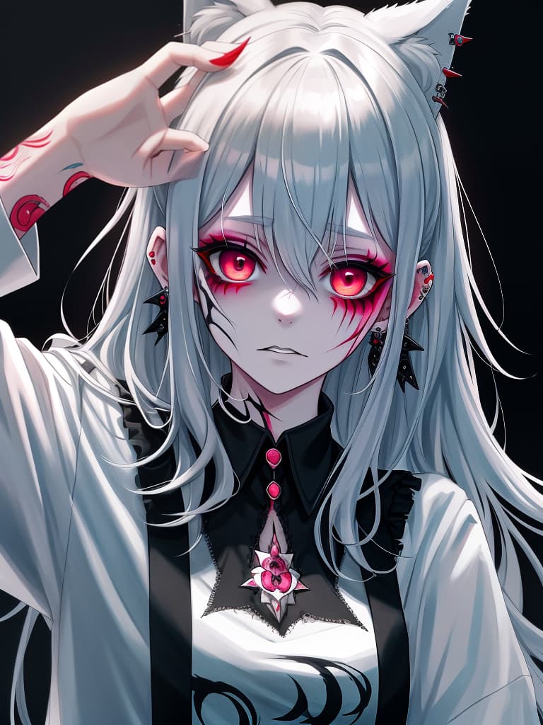  a sick girl, yandere her, zombie makeup, wolf hair, earrings, tattoo, lack of sleep, sick, masterpiece, best quality,8k,ultra detailed,high resolution,an extremely delicate and beautiful,hyper detail