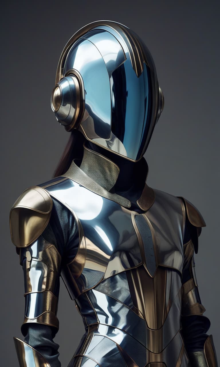  faceless androgynous droid. dressed in jumpsuit with high tech but stylized medieval mirrorscale armor and sleek high tech full face helmet with mirrored visors,