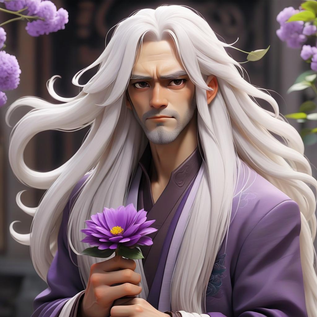  a guy with long white hair and a purple kimano with a flower in his hands