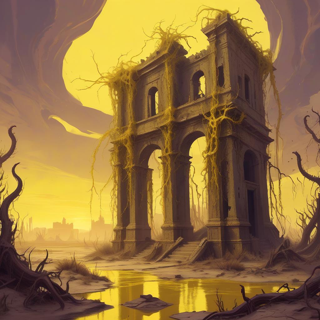  lovecraftian horror ancient ruins. the ruins wrap thick vines of swamp color. yellow sky. desert . eldritch, cosmic horror, unknown, mysterious, surreal, highly detailed