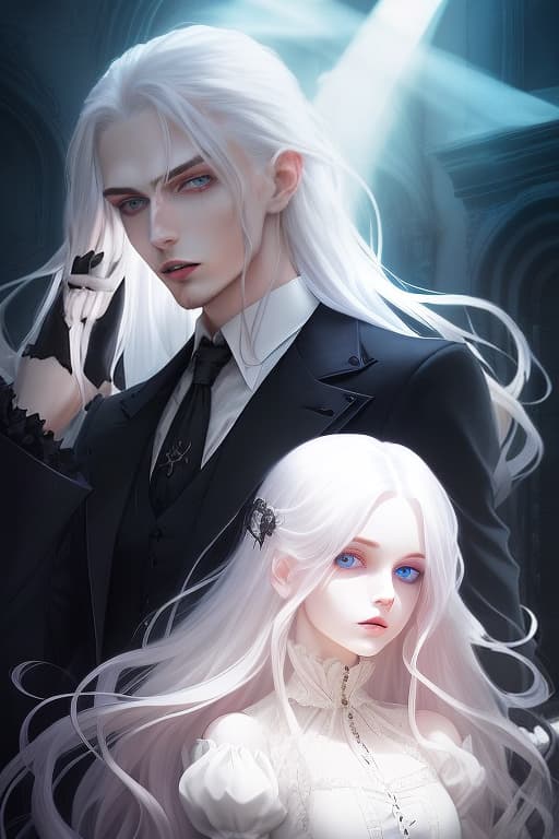  beautiful guy, with blue eyes, white long hair, in a gothic suit, with a girl, she has red hair and brown eyes, she is in a gothic dress. background fantasy vampire style of dark tones