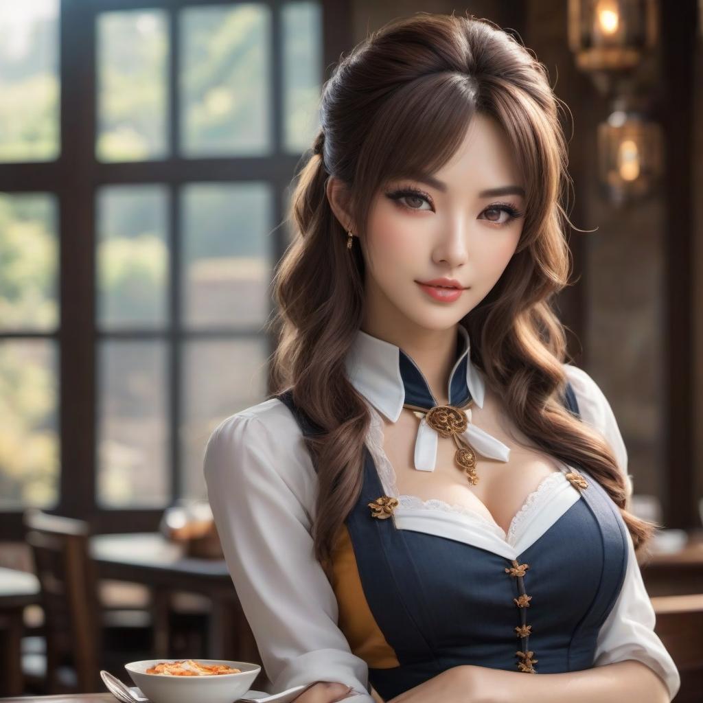  anime artwork beautiful waitress girl from the medieval . anime style, key visual, vibrant, studio anime, highly detailed, hkmagic hyperrealistic, full body, detailed clothing, highly detailed, cinematic lighting, stunningly beautiful, intricate, sharp focus, f/1. 8, 85mm, (centered image composition), (professionally color graded), ((bright soft diffused light)), volumetric fog, trending on instagram, trending on tumblr, HDR 4K, 8K