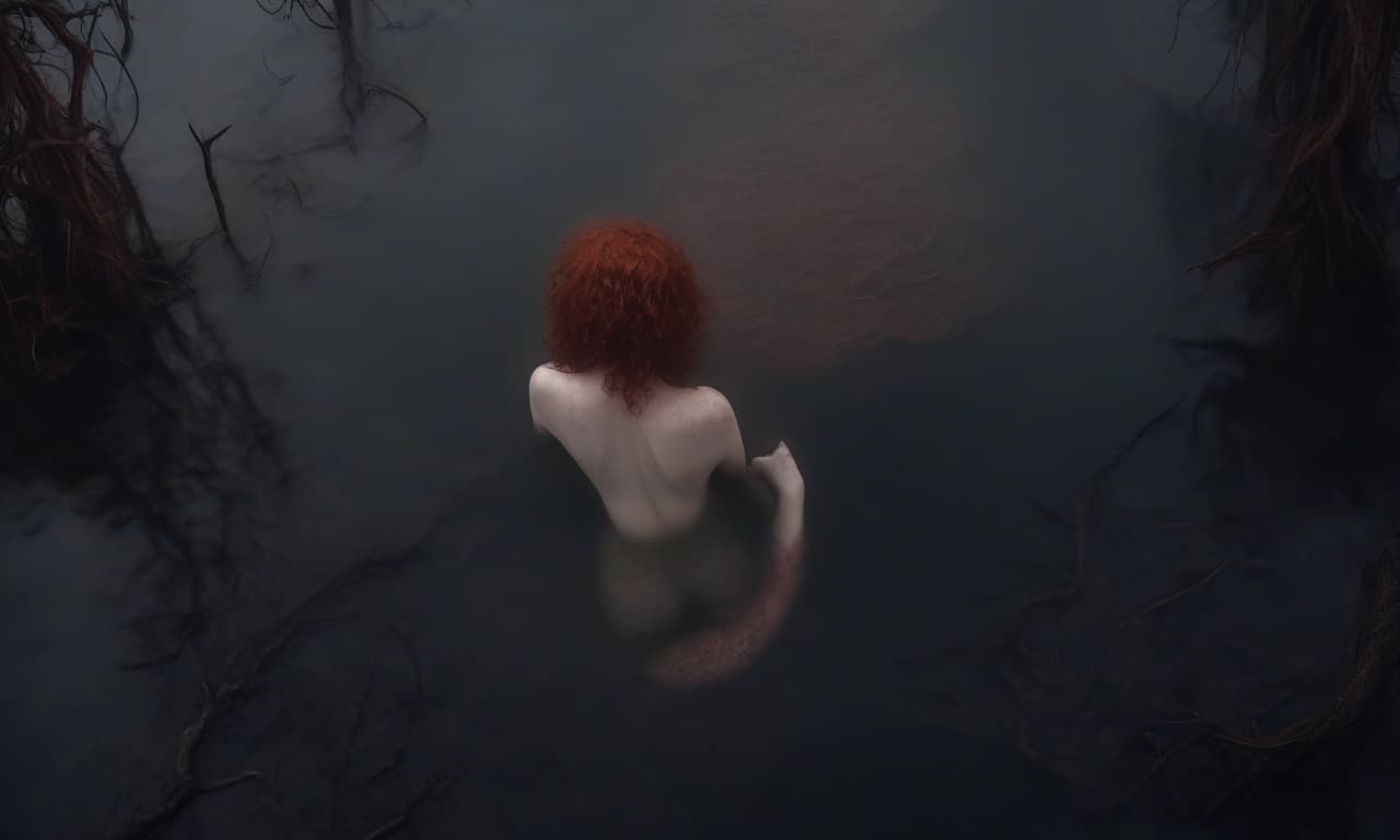  horror themed view of the water from above, in the water is a naked woman with curly red hair and a beautiful figure.there is fog around the area . eerie, unsettling, dark, spooky, suspenseful, grim, highly detailed