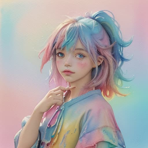  best quality,(masterpiece:1.3),ultra detailed,1girl,abstract watercolor painting of a little girl,(cowboy shot),scales,rainbow colors :1,colorful hair,blue and pink tone colors,abstract watercolor painting of cartoon clouds with emoji,rainbow colors,gradien