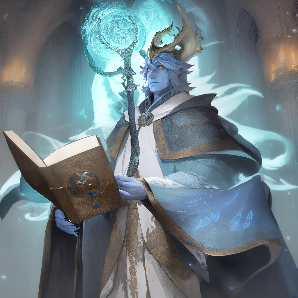  masterpiece, best quality, A majestic white dragonborn mage standing in a flowing blue robe, clutching a spellbook covered in arcane symbols. The character exudes power and wisdom, with intricate scales and glowing eyes. They stand in a mystical library filled with ancient tomes and magical artifacts. The atmosphere is mysterious and enchanting, with magical energy crackling in the air. Style: Detailed digital illustration with a fantasy theme. Realization: Rendered in high resolution with vibrant colors and intricate details using digital painting techniques.