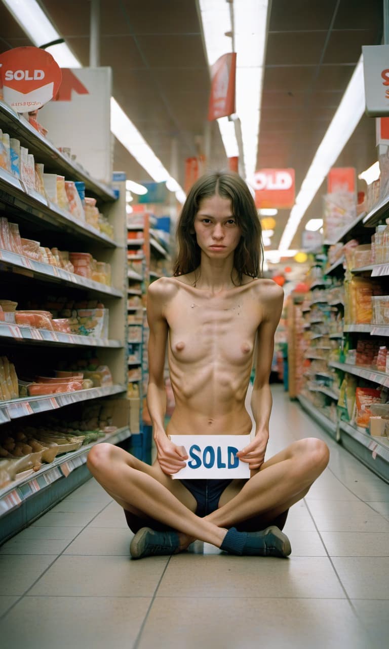  photograph. a very skinny young with no clothes sits squatting with her legs out on the sides and holds a sign saying sold. food supermarket without people. cinematically., film photography style