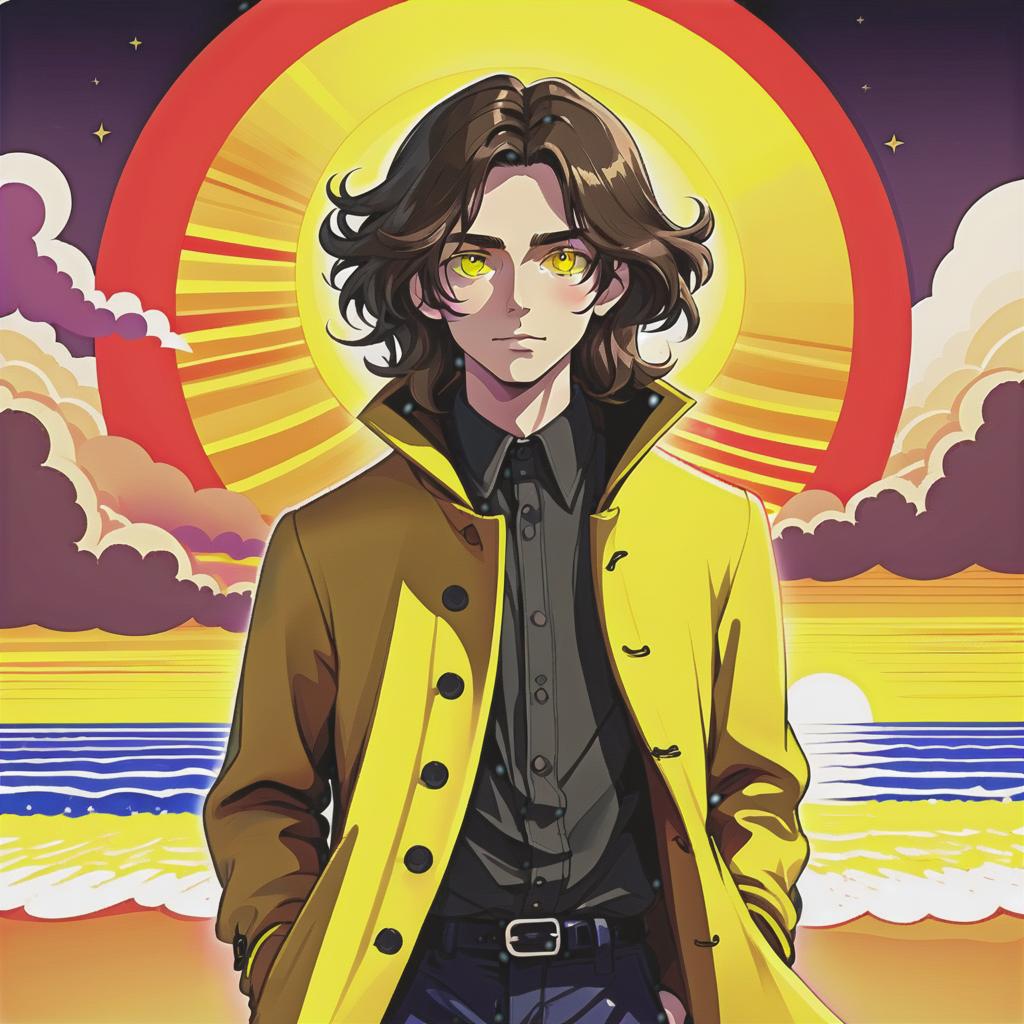  psychedelic style a young man stands on the beach with long dark brown hair that gently falls on his shoulders, and his face, with jewish and slavic features, radiates calm with brown eyes. he is dressed in a bright yellow coat that immediately attracts attention and contrasts with the surrounding landscape. under the coat is a black shirt, and black pants are additionally decorated with yellow elements, creating a harmonious and stylish image. the sun sets over the horizon, bright red stripes of the sun’s rays fall on the surroundings contrasting with the darkness around a very close night and creating a magical atmosphere of contrasts. . vibrant colors, swirling patterns, abstract forms, surreal, trippy