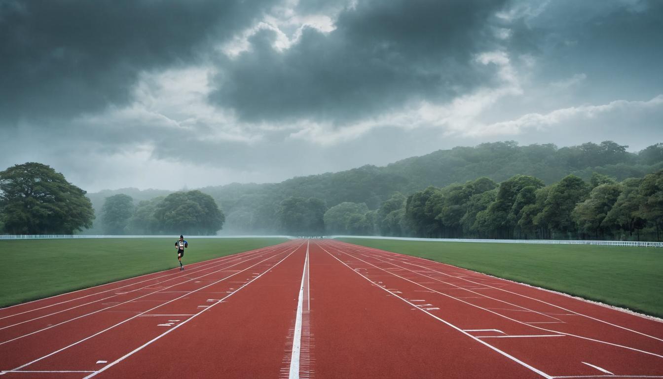  （surrealism)two runners on a track, both with intense expressions, one slightly ahead of the other, track lines sharp and clear, audience in soft focus, capturing the moment of competition, determination, silent struggle for supremacy mystic, intricate details, best quality)