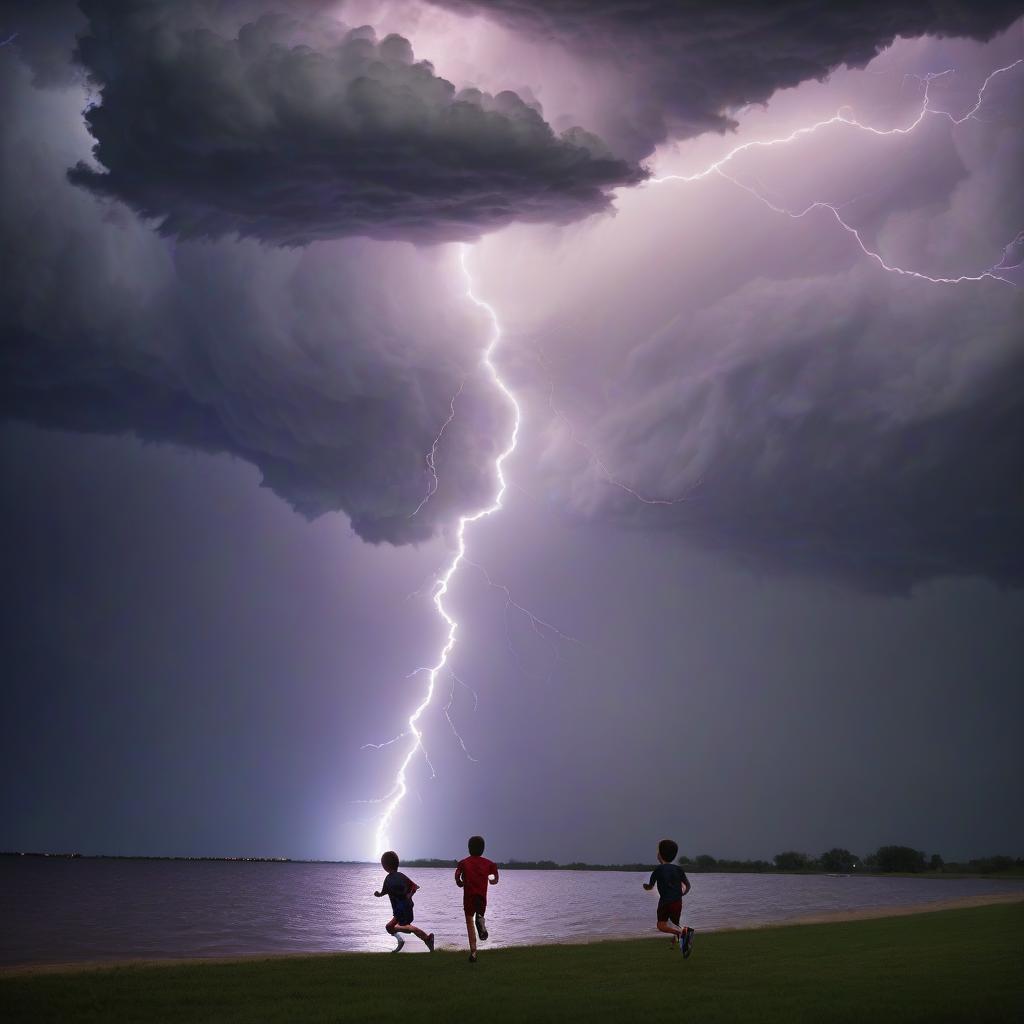  lightning bolts pierce through the boys running from the storm.