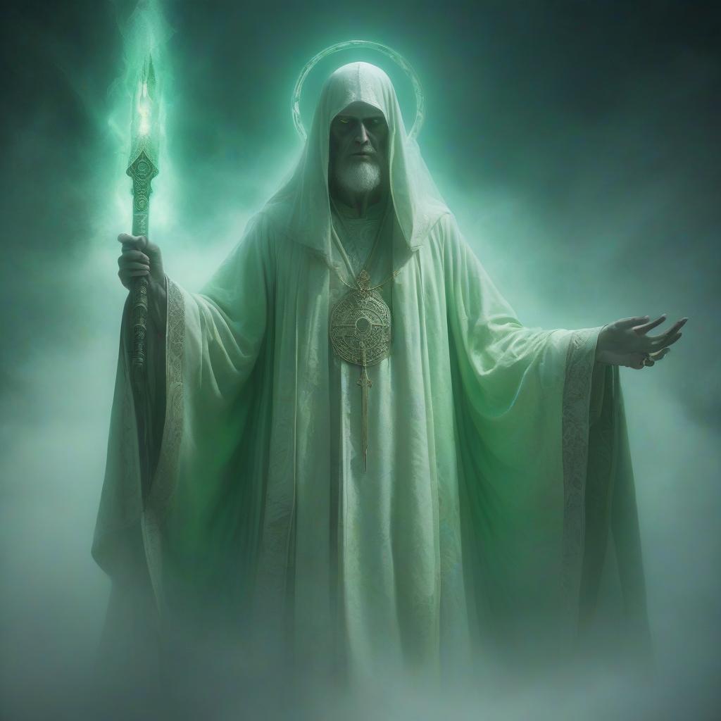  high priest of the ancient temple it looks like a ghostly figure in long ritual robes floating above the ground. its appearance is translucent, faintly flickering with light green light, as if covered with magical energy. the face is pale, without emotions, with bright glowing eyes. in his hands he holds an ancient ritual dagger a symbol of his power in life. his figure is surrounded by a halo of light fog